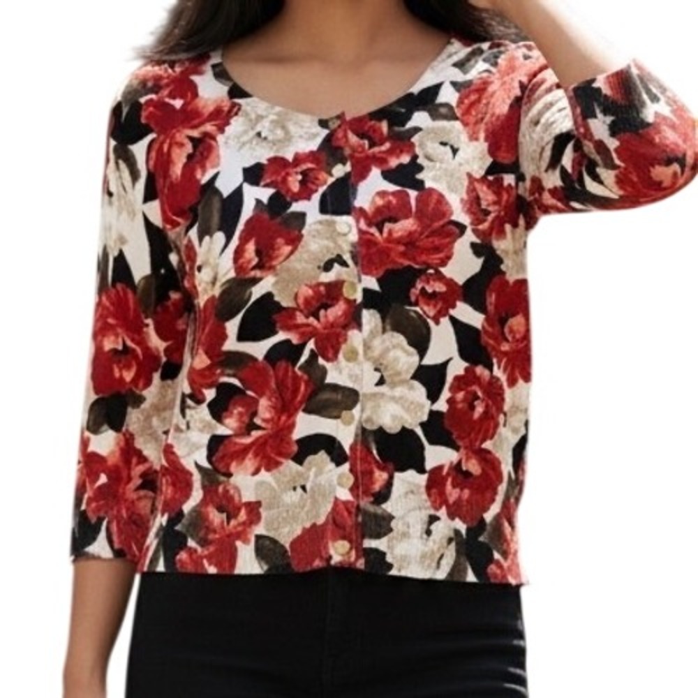 WHITE HOUSE BLACK MARKET Floral Metallic Knit Cardigan Red Cream XS
